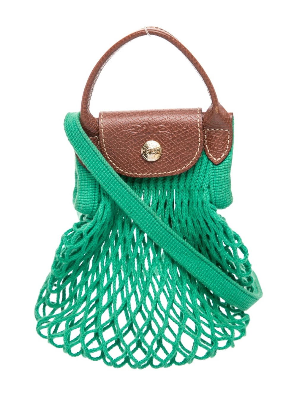 Longchamp Mesh Crossbody Bag with Brown Leather Trim - Green with Gold hardware